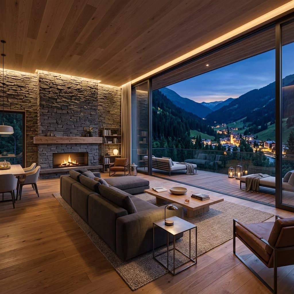 Living Room with Balcony at Blue Hour